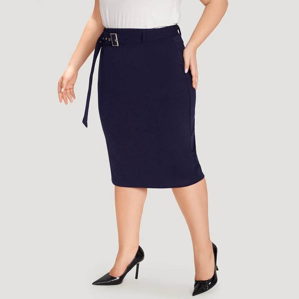 BloomChic Blue Plain Belted Split Hem Skinny Skirt - Picture 2 of 7